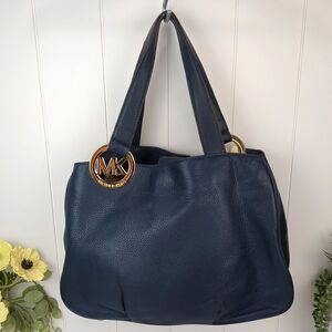 Michael Kors Fulton Navy Blue Pebbled Leather Shoulder Bag Gold Accents
